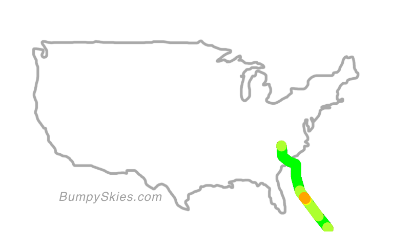 Map of continental US with illustrated flight path and turbulence forecast (described in text below)