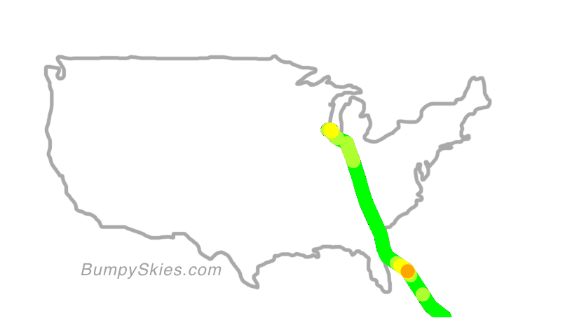 Map of continental US with illustrated flight path and turbulence forecast (described in text below)
