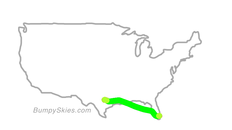 Map of continental US with illustrated flight path and turbulence forecast (described in text below)