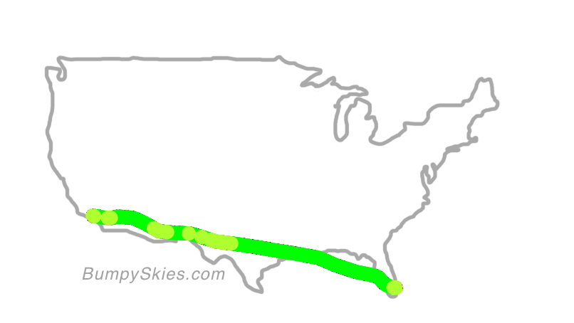 Map of continental US with illustrated flight path and turbulence forecast (described in text below)