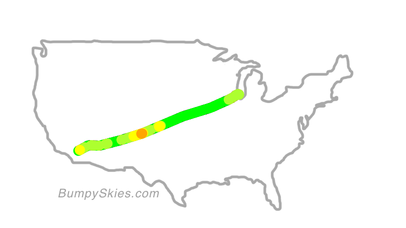 Map of continental US with illustrated flight path and turbulence forecast (described in text below)