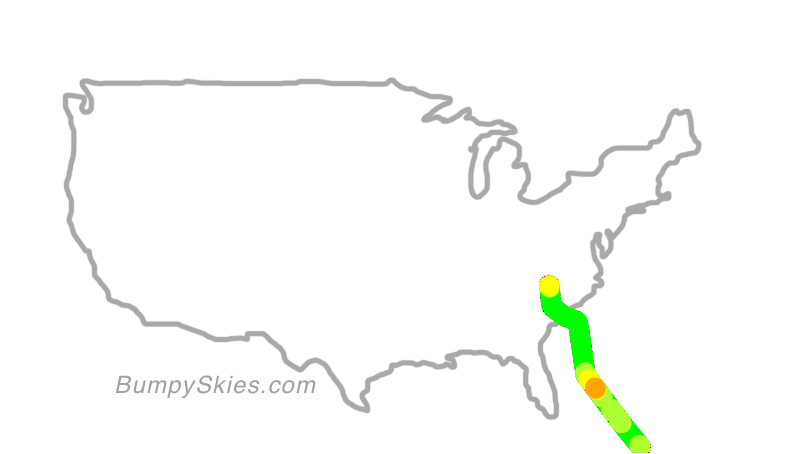Map of continental US with illustrated flight path and turbulence forecast (described in text below)
