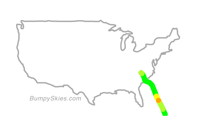 Map of continental US with illustrated flight path and turbulence forecast (described in text below)