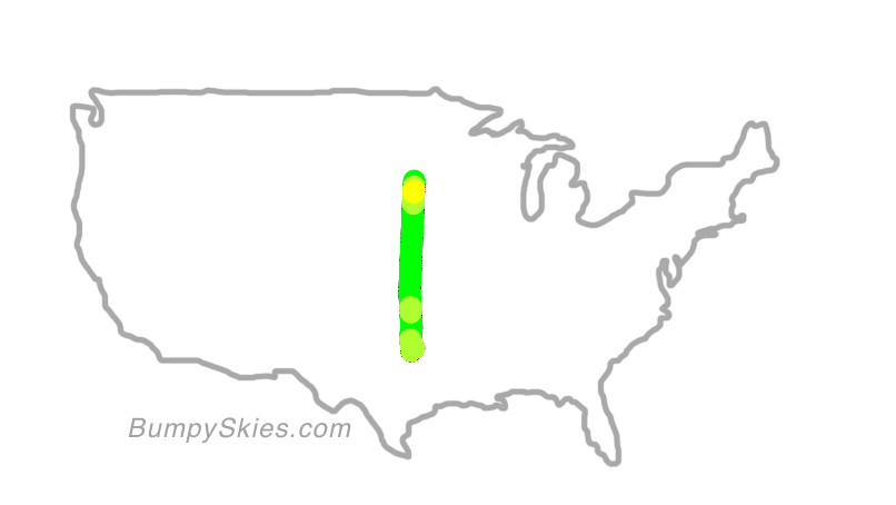 Map of continental US with illustrated flight path and turbulence forecast (described in text below)
