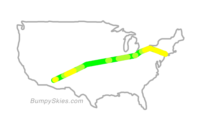 Map of continental US with illustrated flight path and turbulence forecast (described in text below)