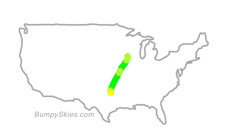 Map of continental US with illustrated flight path and turbulence forecast (described in text below)