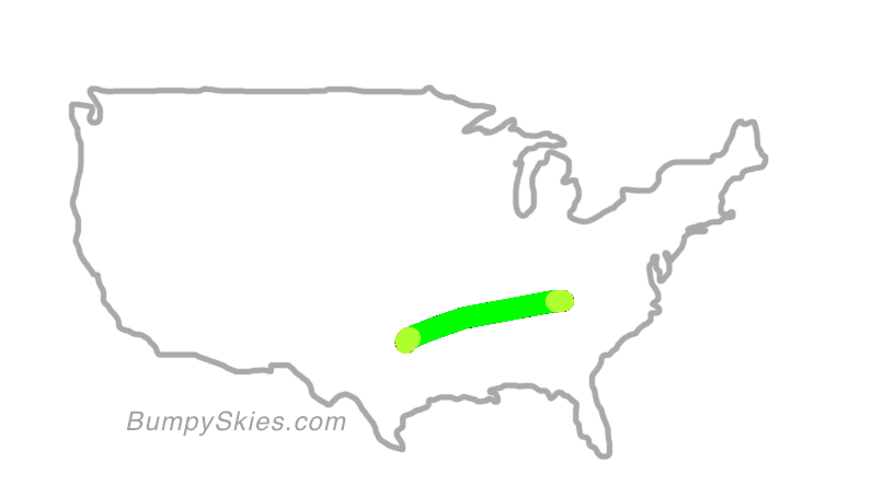 Map of continental US with illustrated flight path and turbulence forecast (described in text below)