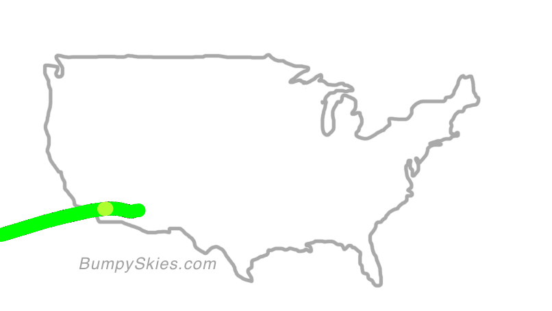 Map of continental US with illustrated flight path and turbulence forecast (described in text below)