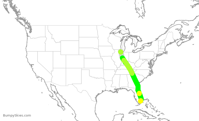 Turbulence forecast map for AAL672, ORD to FLL