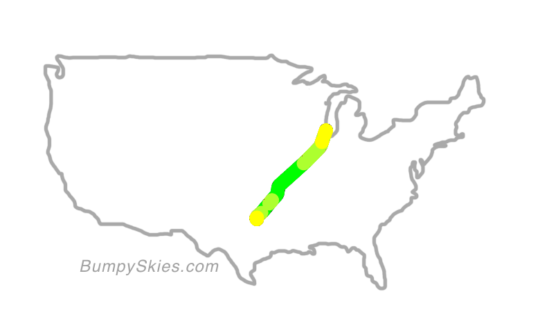 Map of continental US with illustrated flight path and turbulence forecast (described in text below)