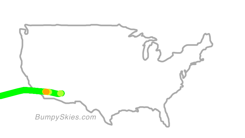 Map of continental US with illustrated flight path and turbulence forecast (described in text below)