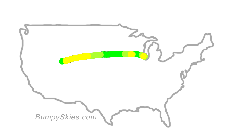 Map of continental US with illustrated flight path and turbulence forecast (described in text below)