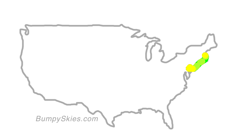Map of continental US with illustrated flight path and turbulence forecast (described in text below)