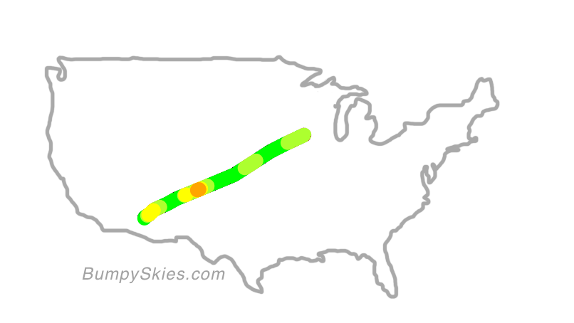 Map of continental US with illustrated flight path and turbulence forecast (described in text below)