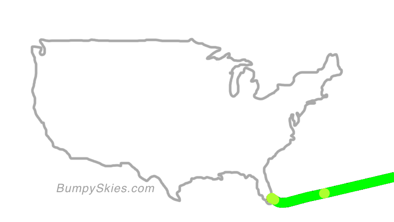 Map of continental US with illustrated flight path and turbulence forecast (described in text below)