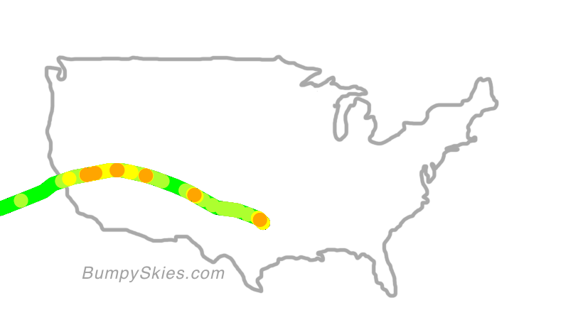 Map of continental US with illustrated flight path and turbulence forecast (described in text below)