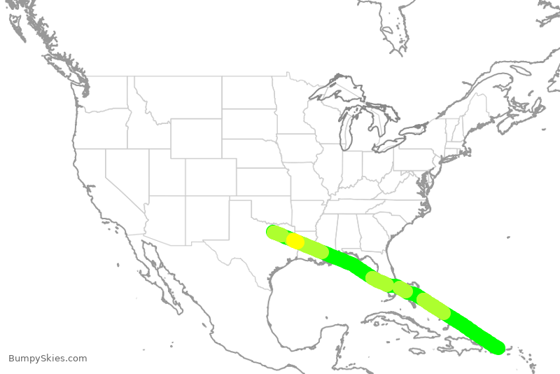 Turbulence forecast map for AAL702, DFW to JSJ
