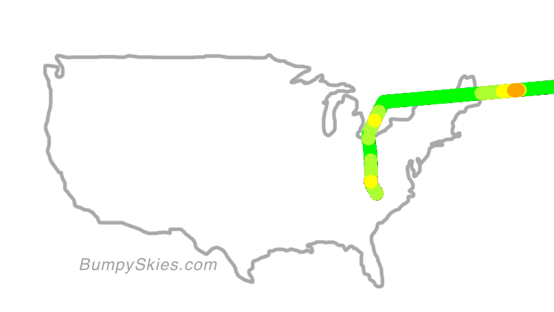 Map of continental US with illustrated flight path and turbulence forecast (described in text below)
