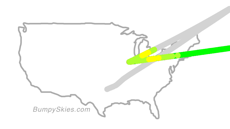 Map of continental US with illustrated flight path and turbulence forecast (described in text below)