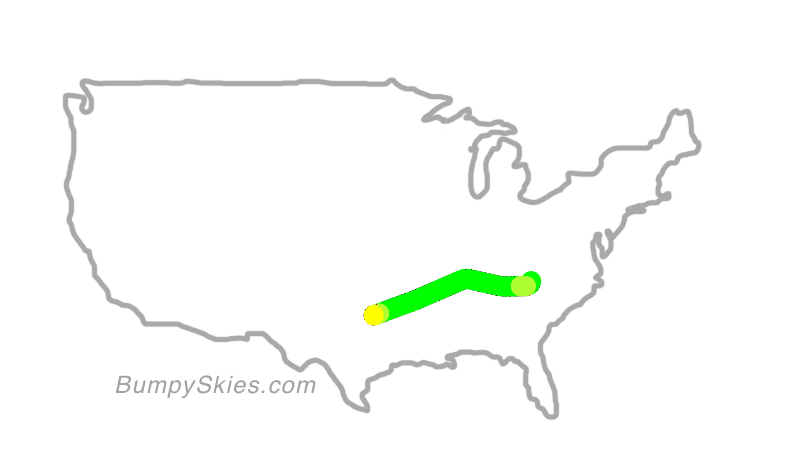 Map of continental US with illustrated flight path and turbulence forecast (described in text below)