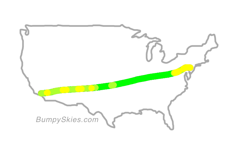 Map of continental US with illustrated flight path and turbulence forecast (described in text below)