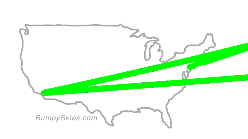 Map of continental US with illustrated flight path and turbulence forecast (described in text below)