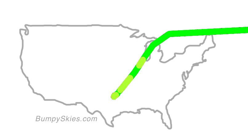 Map of continental US with illustrated flight path and turbulence forecast (described in text below)