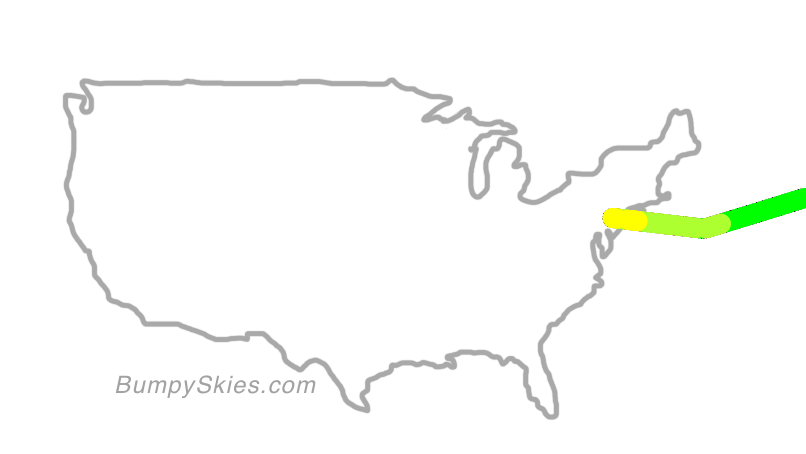 Map of continental US with illustrated flight path and turbulence forecast (described in text below)