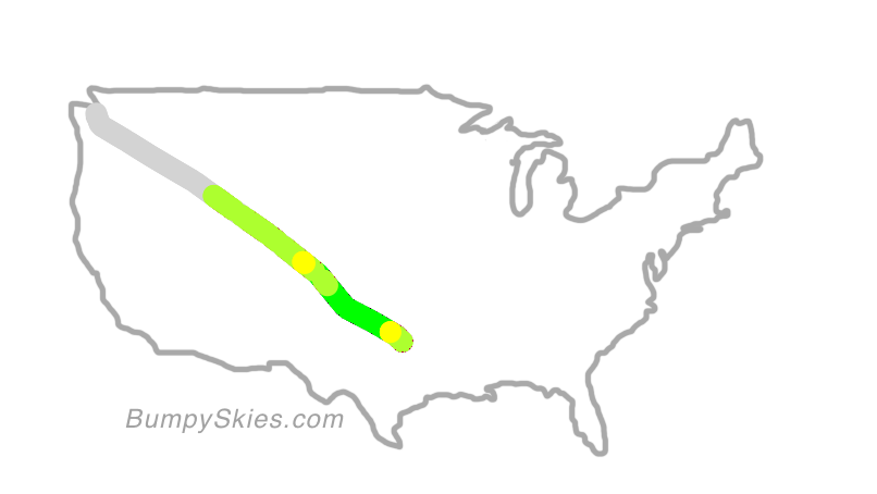 Map of continental US with illustrated flight path and turbulence forecast (described in text below)