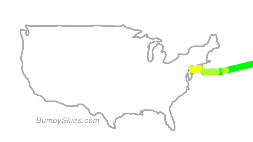 Map of continental US with illustrated flight path and turbulence forecast (described in text below)