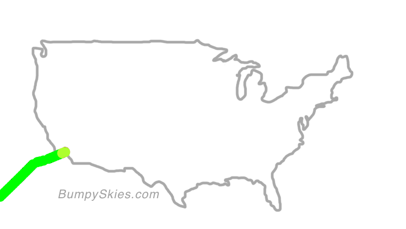 Map of continental US with illustrated flight path and turbulence forecast (described in text below)