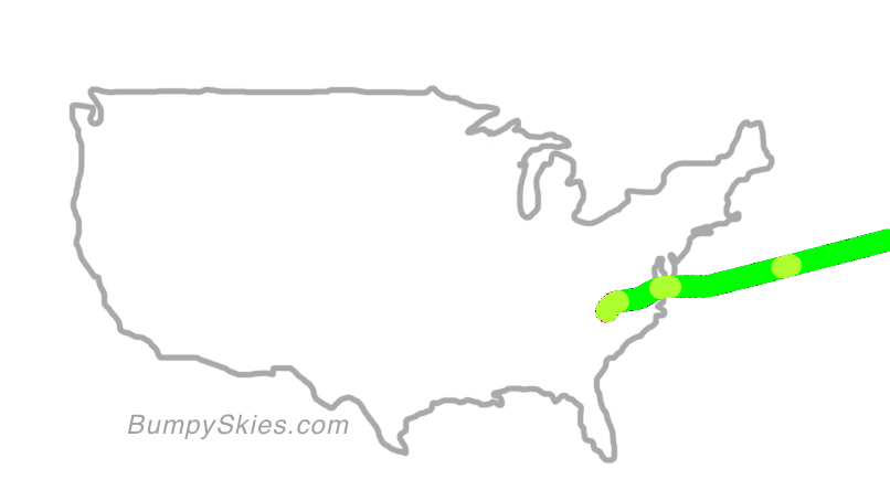 Map of continental US with illustrated flight path and turbulence forecast (described in text below)