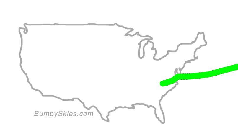 Map of continental US with illustrated flight path and turbulence forecast (described in text below)
