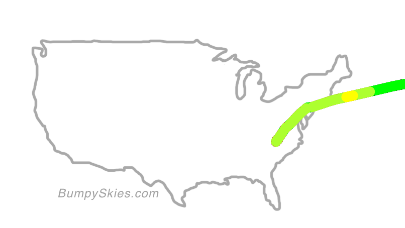 Map of continental US with illustrated flight path and turbulence forecast (described in text below)