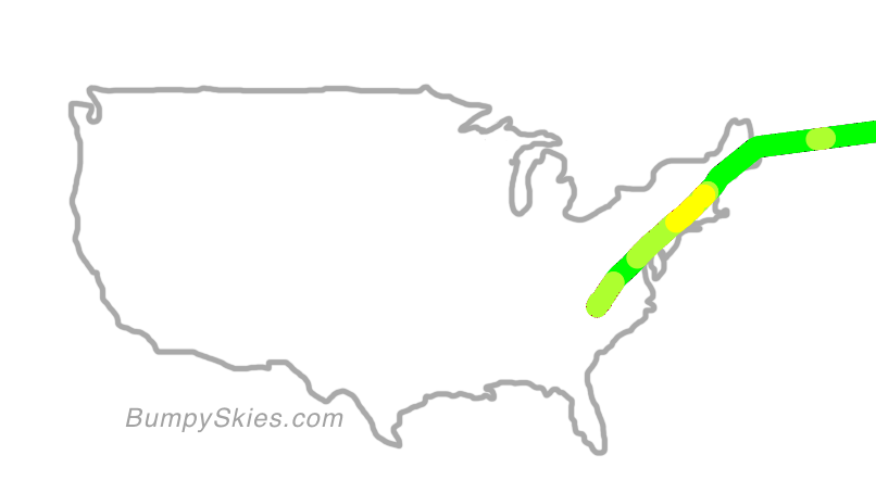 Map of continental US with illustrated flight path and turbulence forecast (described in text below)