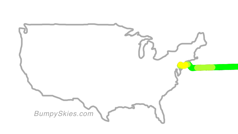 Map of continental US with illustrated flight path and turbulence forecast (described in text below)