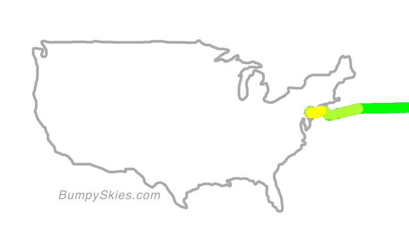 Map of continental US with illustrated flight path and turbulence forecast (described in text below)