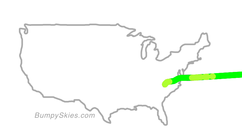 Map of continental US with illustrated flight path and turbulence forecast (described in text below)