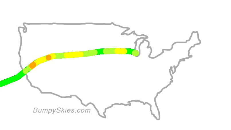 Map of continental US with illustrated flight path and turbulence forecast (described in text below)