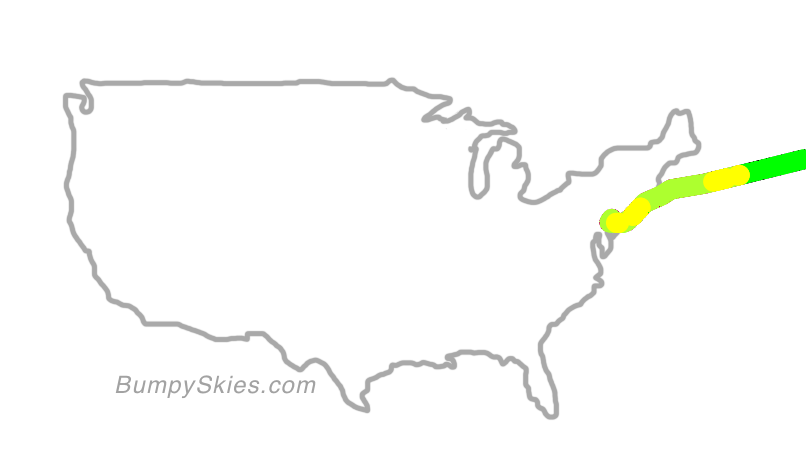 Map of continental US with illustrated flight path and turbulence forecast (described in text below)