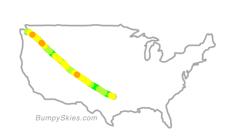 Map of continental US with illustrated flight path and turbulence forecast (described in text below)