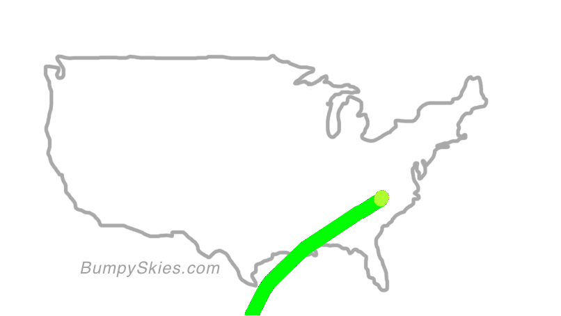Map of continental US with illustrated flight path and turbulence forecast (described in text below)