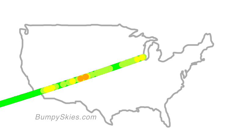 Map of continental US with illustrated flight path and turbulence forecast (described in text below)