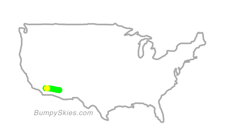 Map of continental US with illustrated flight path and turbulence forecast (described in text below)