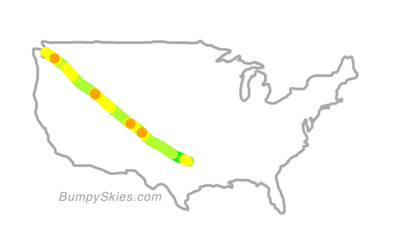 Map of continental US with illustrated flight path and turbulence forecast (described in text below)