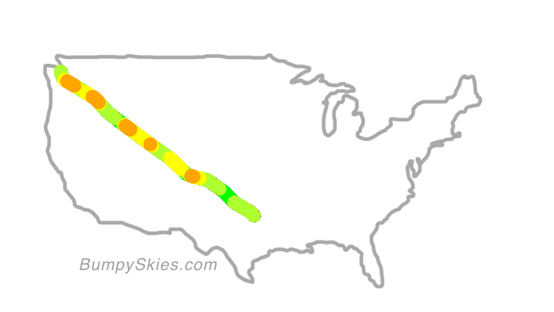 Map of continental US with illustrated flight path and turbulence forecast (described in text below)