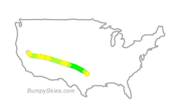 Map of continental US with illustrated flight path and turbulence forecast (described in text below)