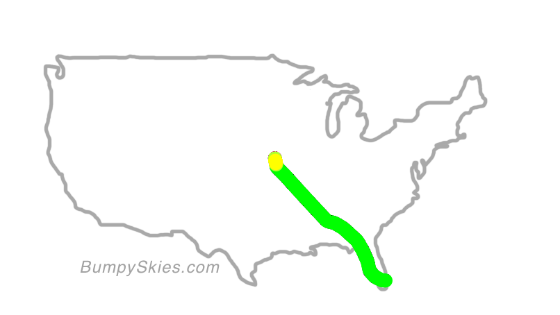 Map of continental US with illustrated flight path and turbulence forecast (described in text below)
