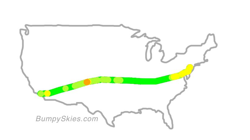 Map of continental US with illustrated flight path and turbulence forecast (described in text below)