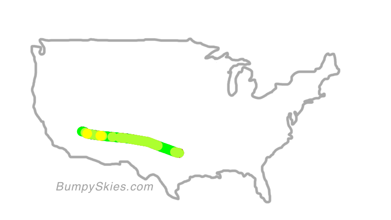 Map of continental US with illustrated flight path and turbulence forecast (described in text below)